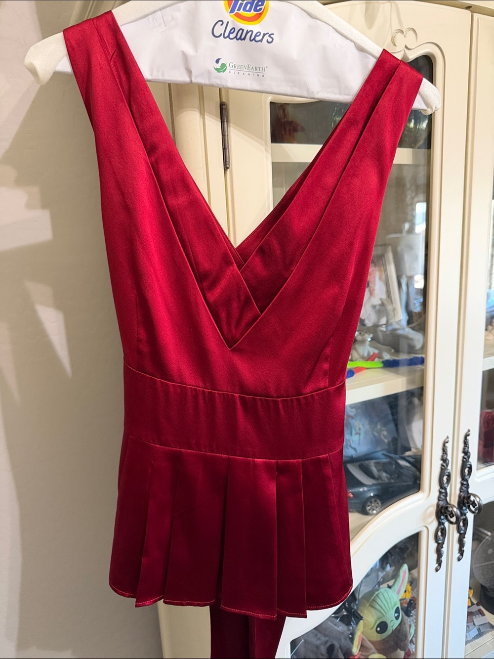 Elegant V-Neck Red Satin Women's Top with bow tie in back